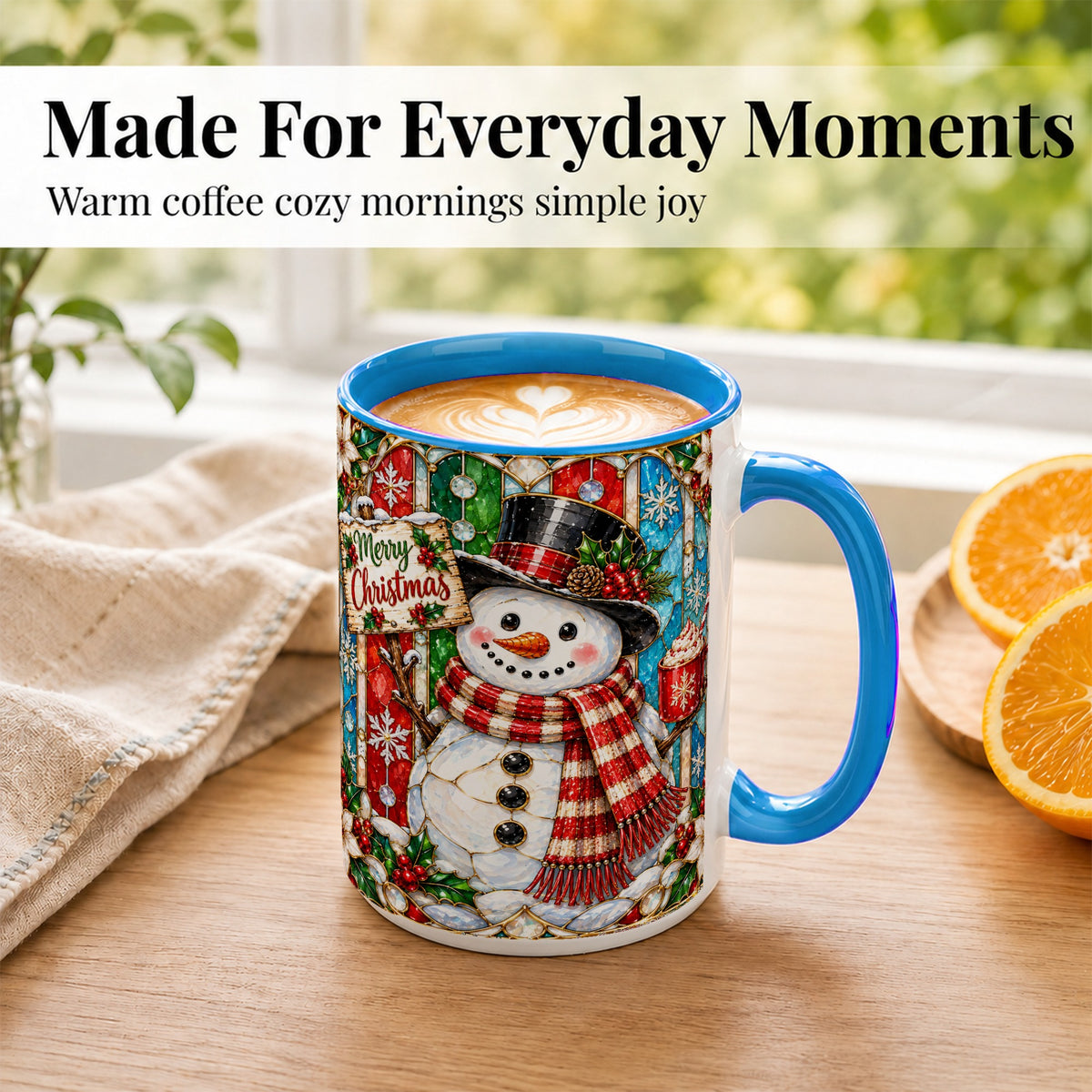 #pl[15oz|Blue] Christmas Snowman Coffee Mug, Stained Glass Style Mug, Ceramic Cup