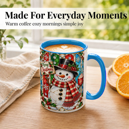 #pl[15oz|Blue] Christmas Snowman Coffee Mug, Stained Glass Style Mug, Ceramic Cup