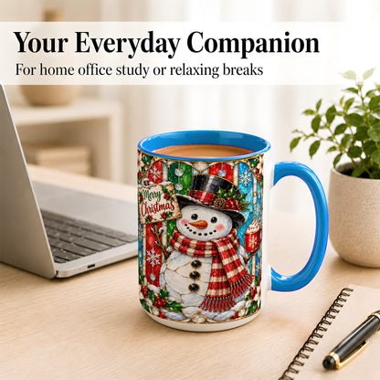 #pl[15oz|Blue] Christmas Snowman Coffee Mug, Stained Glass Style Mug, Ceramic Cup