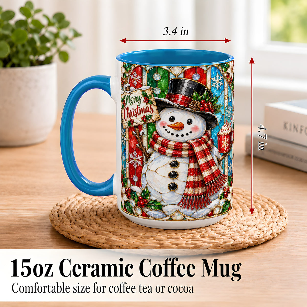 #pl[15oz|Blue] Christmas Snowman Coffee Mug, Stained Glass Style Mug, Ceramic Cup