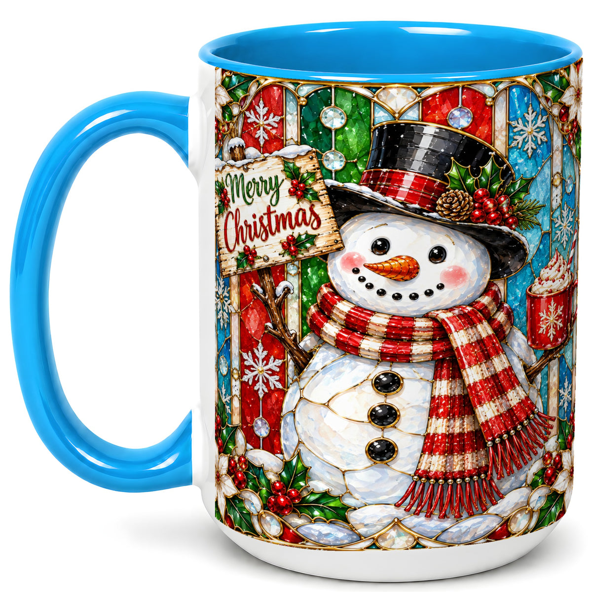 #pl[15oz|Blue] Christmas Snowman Coffee Mug, Stained Glass Style Mug, Ceramic Cup