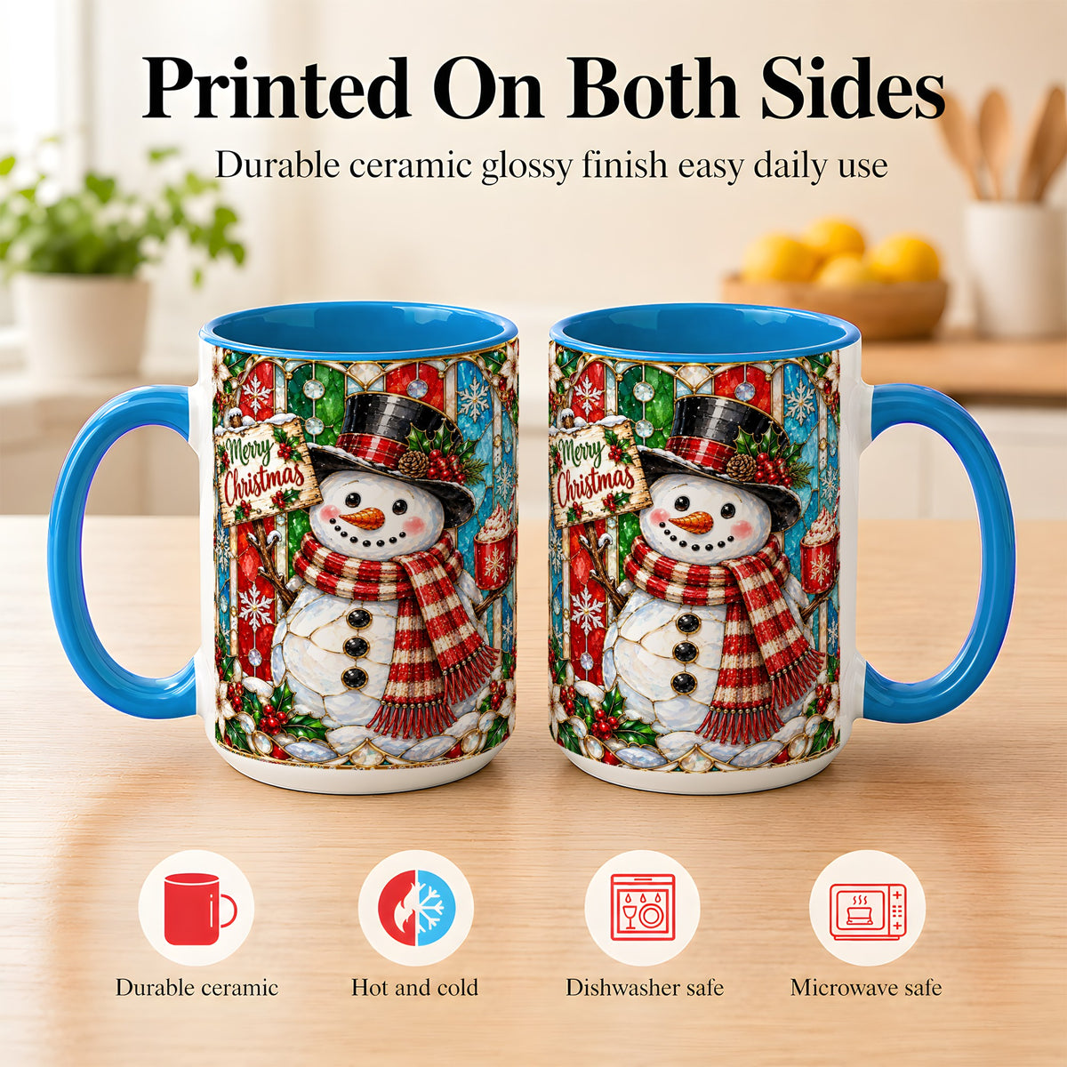 #pl[15oz|Blue] Christmas Snowman Coffee Mug, Stained Glass Style Mug, Ceramic Cup
