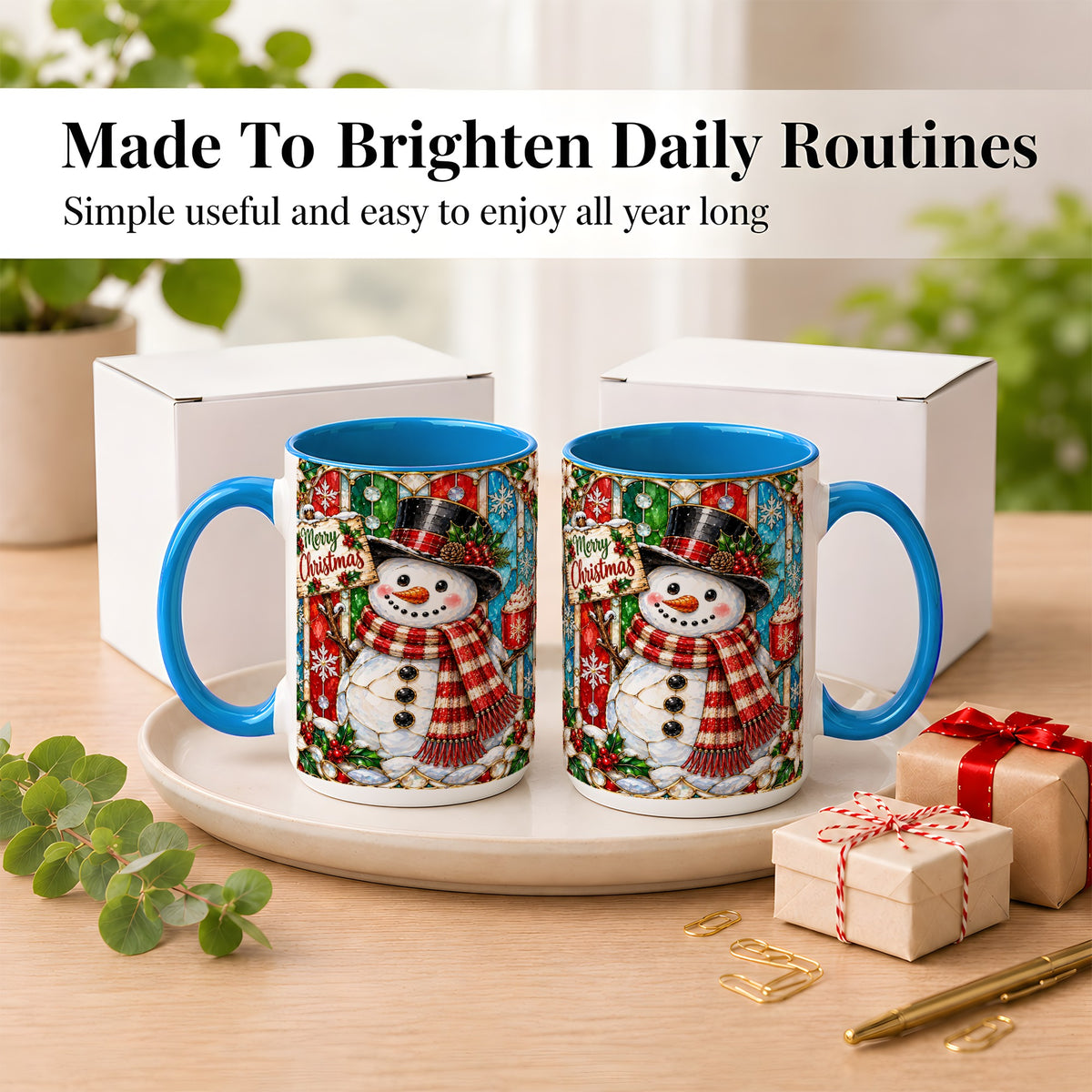#pl[15oz|Blue] Christmas Snowman Coffee Mug, Stained Glass Style Mug, Ceramic Cup