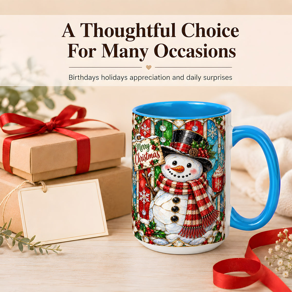 #pl[15oz|Blue] Christmas Snowman Coffee Mug, Stained Glass Style Mug, Ceramic Cup