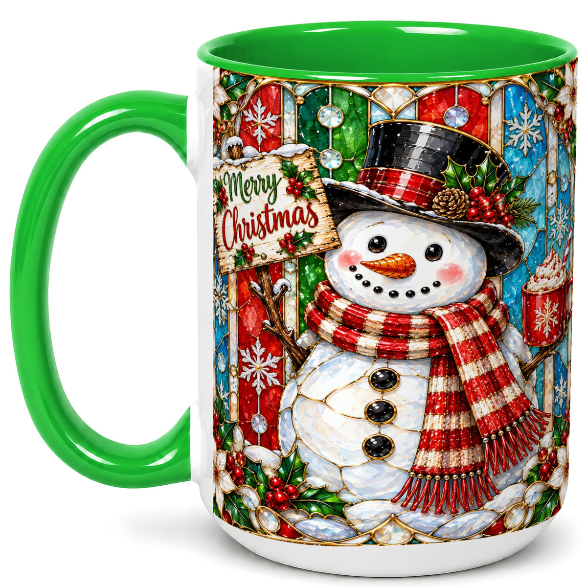 #pl[15oz|Green] Christmas Snowman Coffee Mug, Stained Glass Style Mug, Ceramic Cup