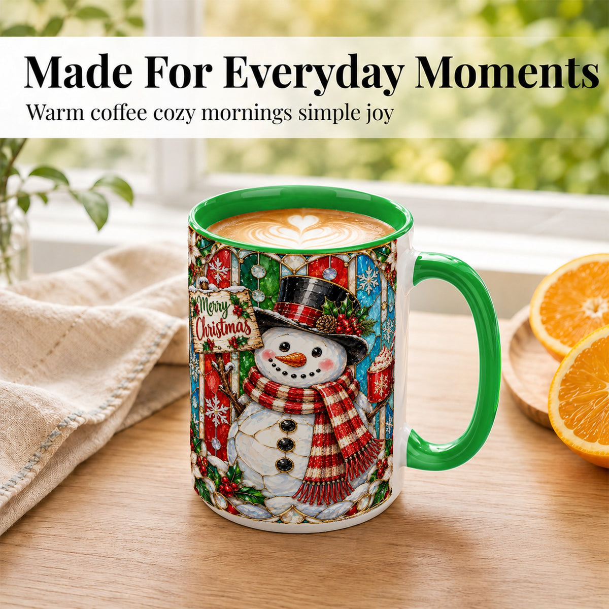 #pl[15oz|Green] Christmas Snowman Coffee Mug, Stained Glass Style Mug, Ceramic Cup