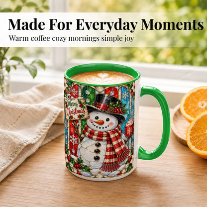 #pl[15oz|Green] Christmas Snowman Coffee Mug, Stained Glass Style Mug, Ceramic Cup