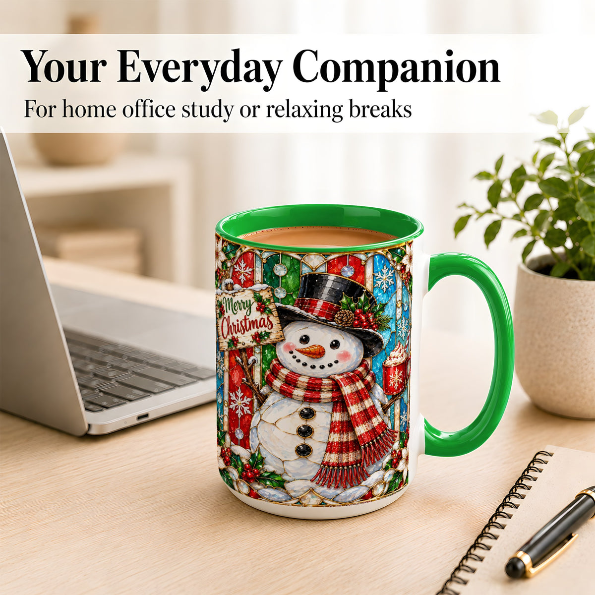 #pl[15oz|Green] Christmas Snowman Coffee Mug, Stained Glass Style Mug, Ceramic Cup