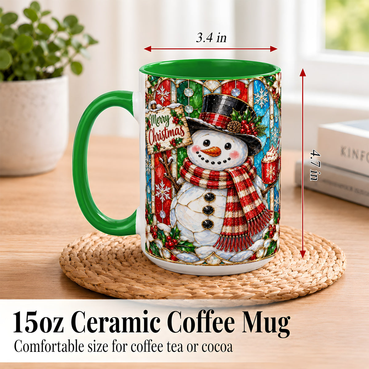 #pl[15oz|Green] Christmas Snowman Coffee Mug, Stained Glass Style Mug, Ceramic Cup