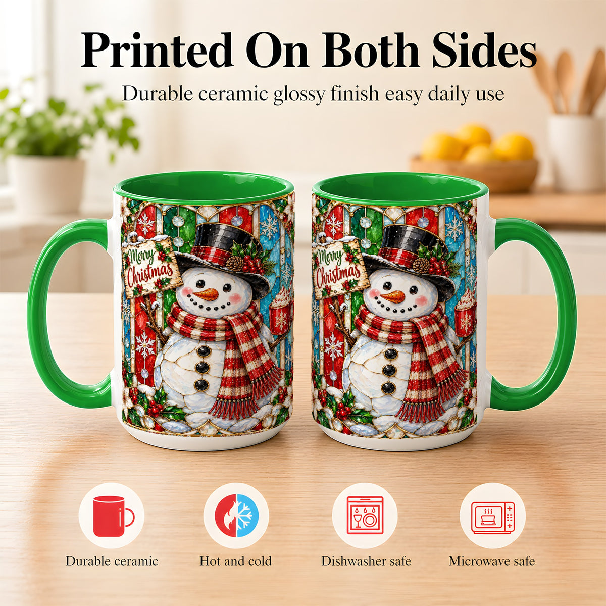 #pl[15oz|Green] Christmas Snowman Coffee Mug, Stained Glass Style Mug, Ceramic Cup
