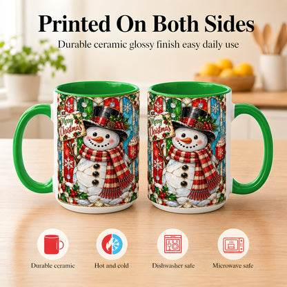 #pl[15oz|Green] Christmas Snowman Coffee Mug, Stained Glass Style Mug, Ceramic Cup