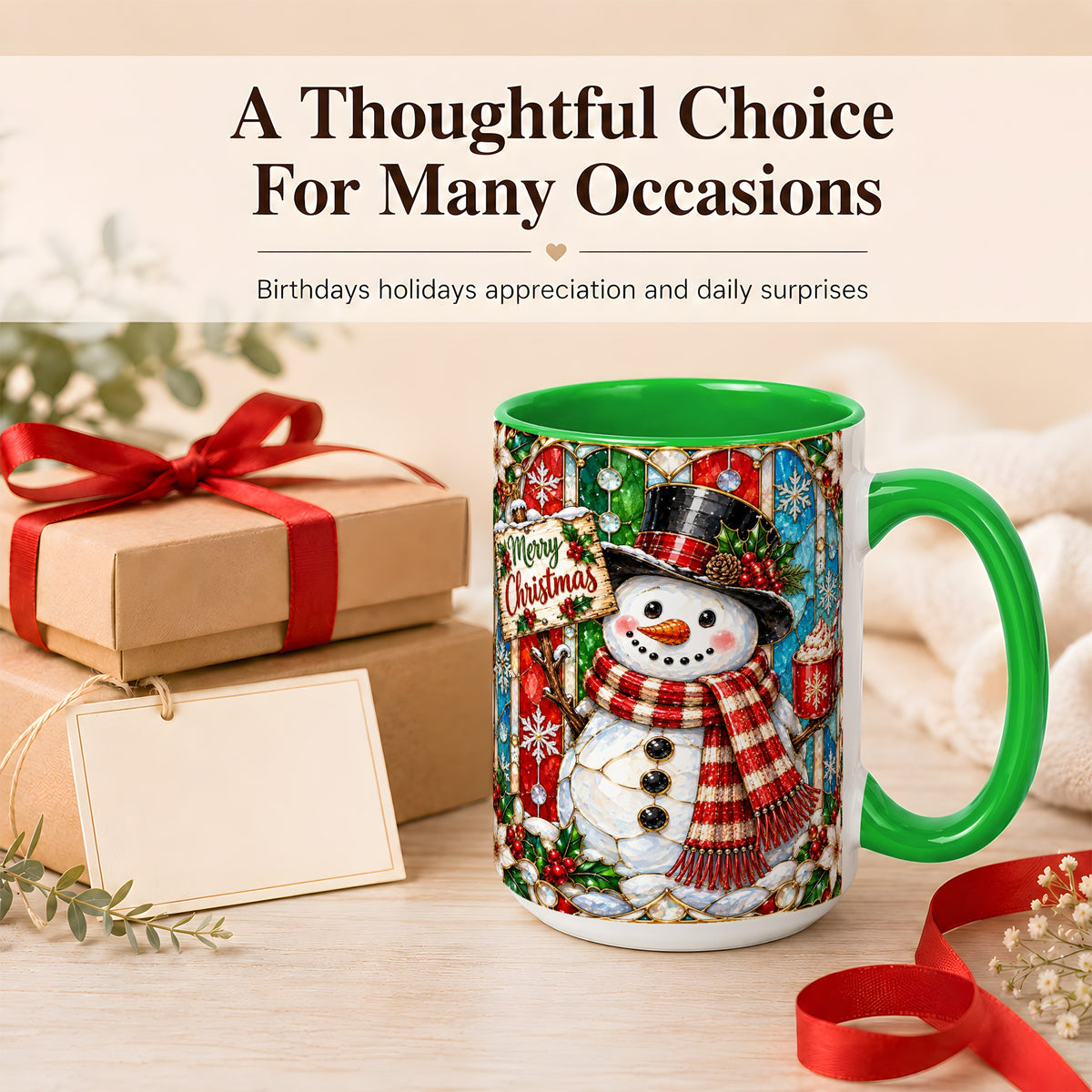 #pl[15oz|Green] Christmas Snowman Coffee Mug, Stained Glass Style Mug, Ceramic Cup