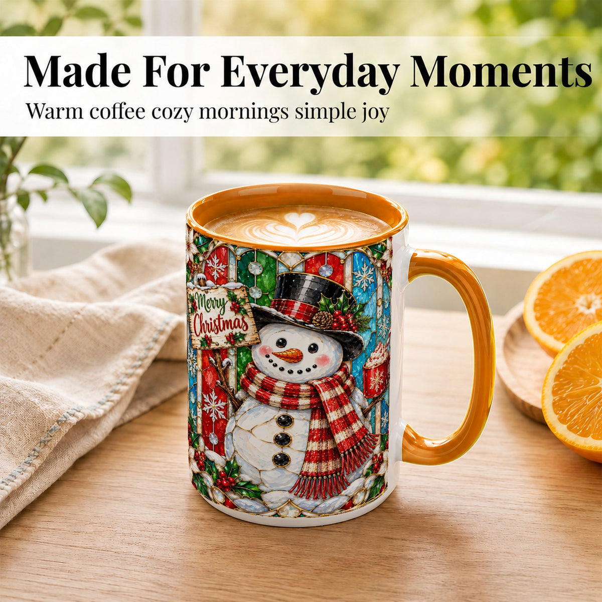 #pl[15oz|Orange] Christmas Snowman Coffee Mug, Stained Glass Style Mug, Ceramic Cup