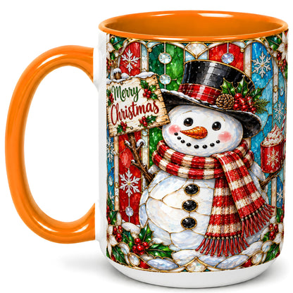 #pl[15oz|Orange] Christmas Snowman Coffee Mug, Stained Glass Style Mug, Ceramic Cup
