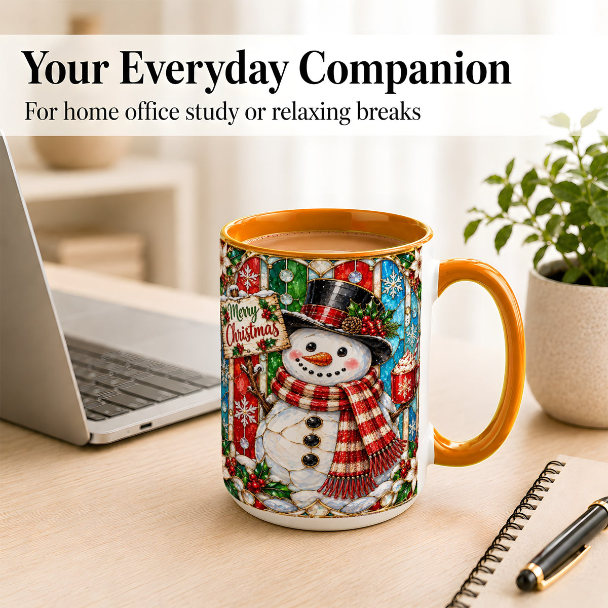 #pl[15oz|Orange] Christmas Snowman Coffee Mug, Stained Glass Style Mug, Ceramic Cup
