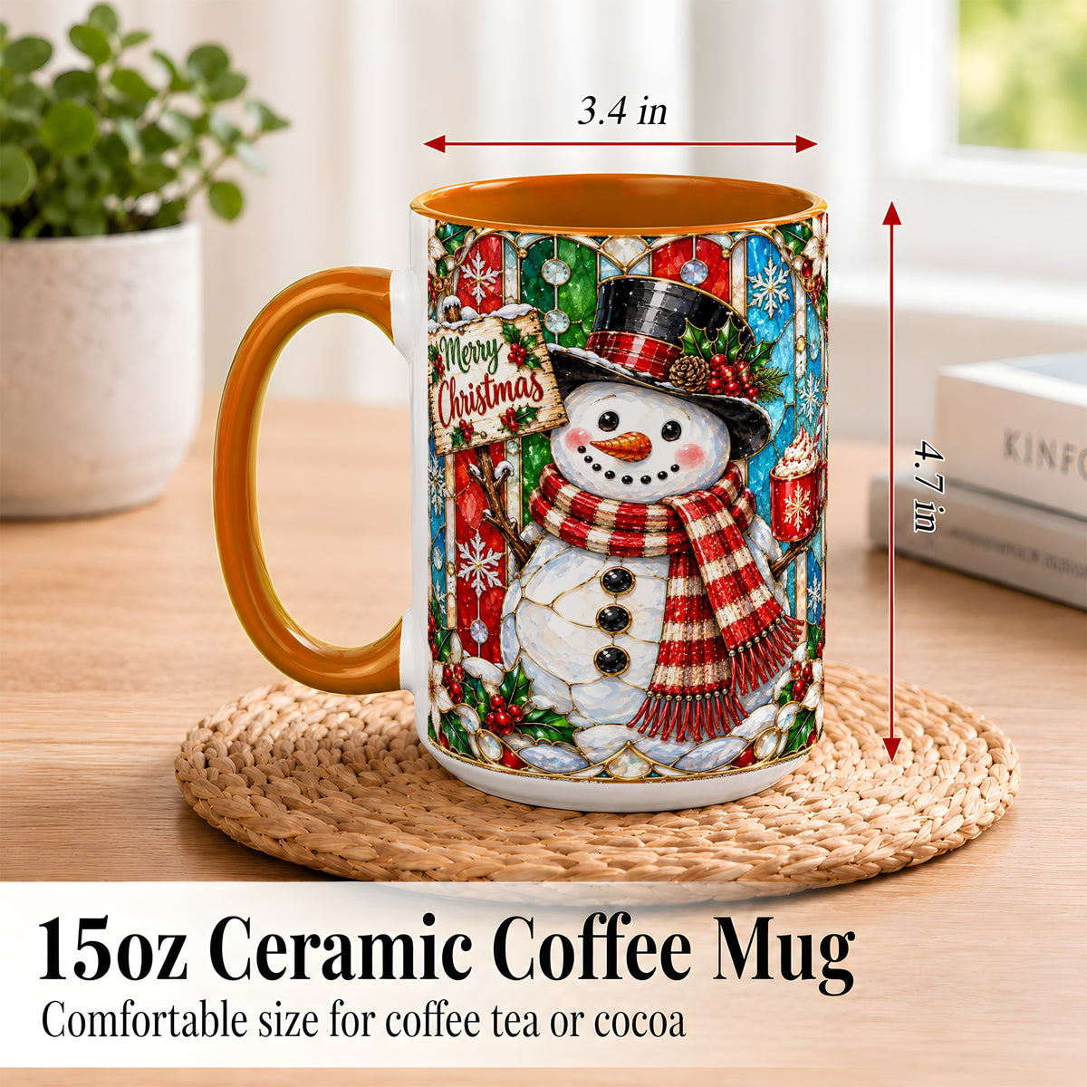 #pl[15oz|Orange] Christmas Snowman Coffee Mug, Stained Glass Style Mug, Ceramic Cup