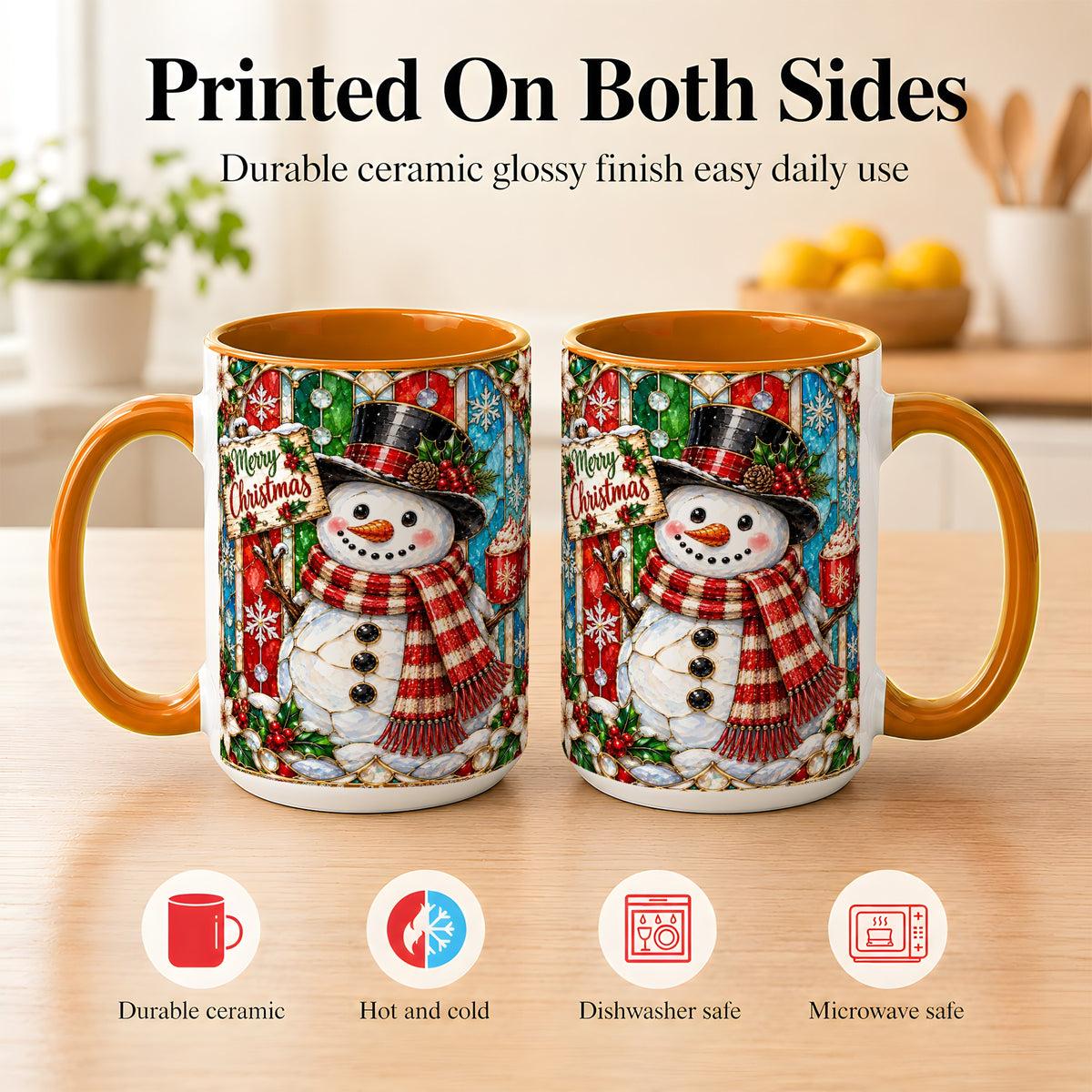 #pl[15oz|Orange] Christmas Snowman Coffee Mug, Stained Glass Style Mug, Ceramic Cup