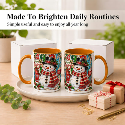 #pl[15oz|Orange] Christmas Snowman Coffee Mug, Stained Glass Style Mug, Ceramic Cup