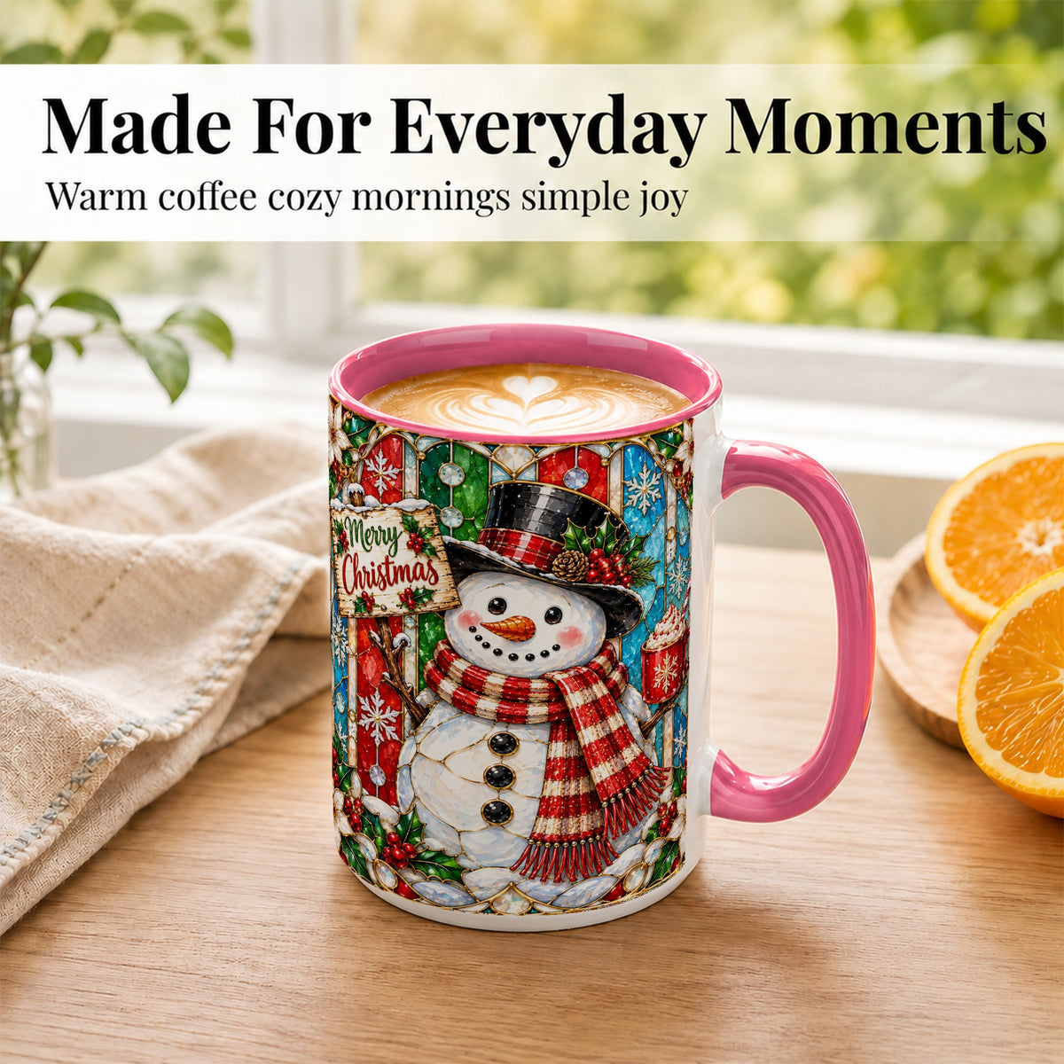 #pl[15oz|Pink] Christmas Snowman Coffee Mug, Stained Glass Style Mug, Ceramic Cup