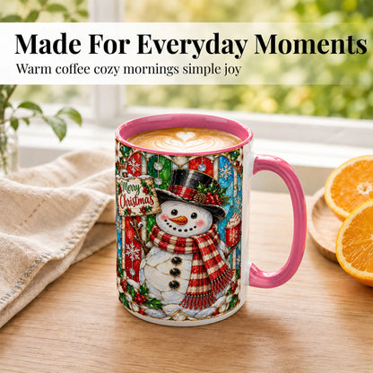 #pl[15oz|Pink] Christmas Snowman Coffee Mug, Stained Glass Style Mug, Ceramic Cup