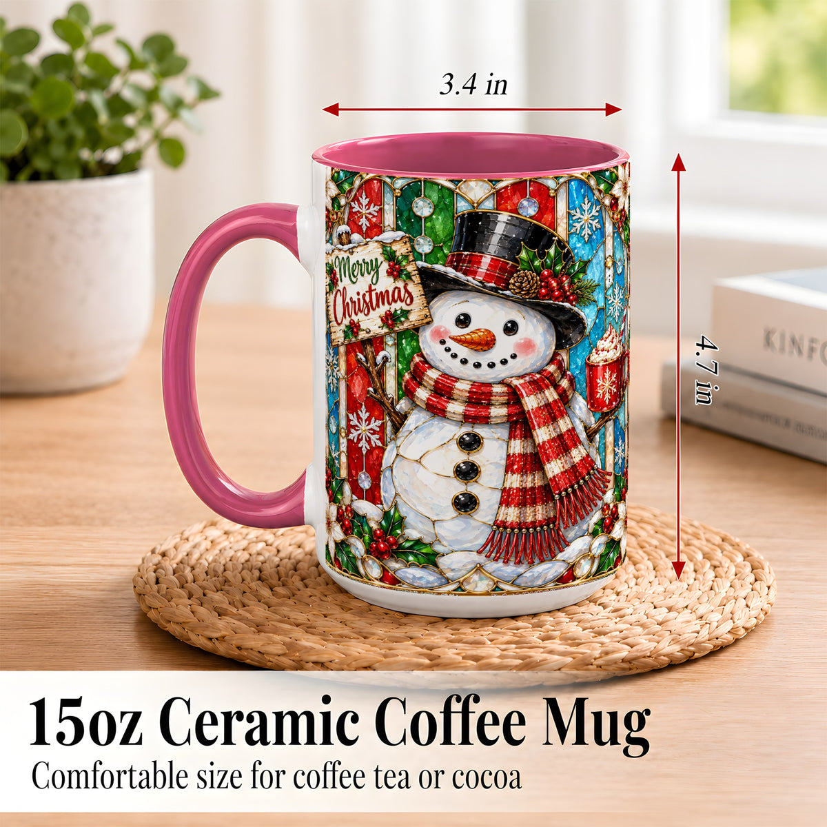 #pl[15oz|Pink] Christmas Snowman Coffee Mug, Stained Glass Style Mug, Ceramic Cup