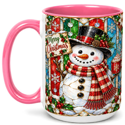 #pl[15oz|Pink] Christmas Snowman Coffee Mug, Stained Glass Style Mug, Ceramic Cup