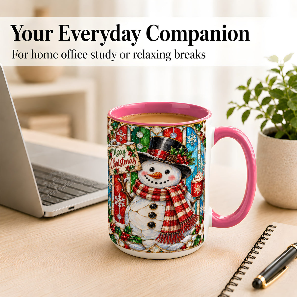#pl[15oz|Pink] Christmas Snowman Coffee Mug, Stained Glass Style Mug, Ceramic Cup