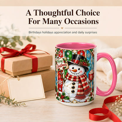#pl[15oz|Pink] Christmas Snowman Coffee Mug, Stained Glass Style Mug, Ceramic Cup