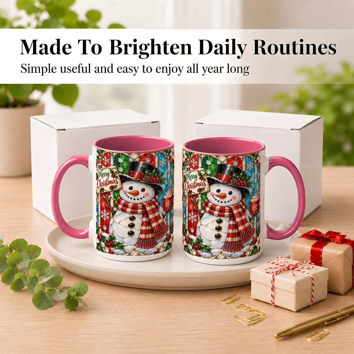 #pl[15oz|Pink] Christmas Snowman Coffee Mug, Stained Glass Style Mug, Ceramic Cup