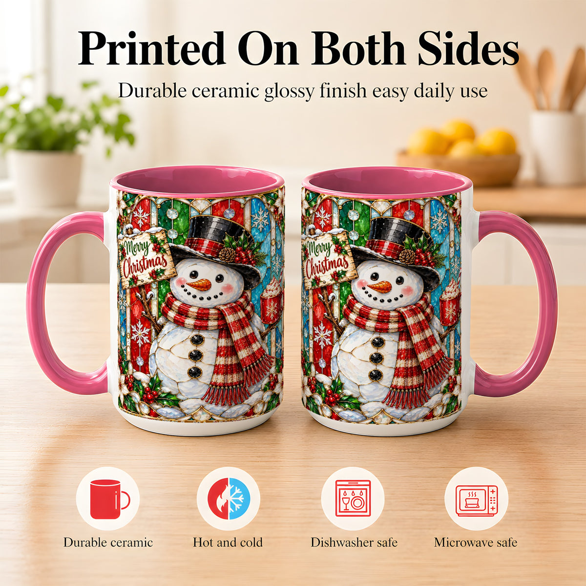 #pl[15oz|Pink] Christmas Snowman Coffee Mug, Stained Glass Style Mug, Ceramic Cup
