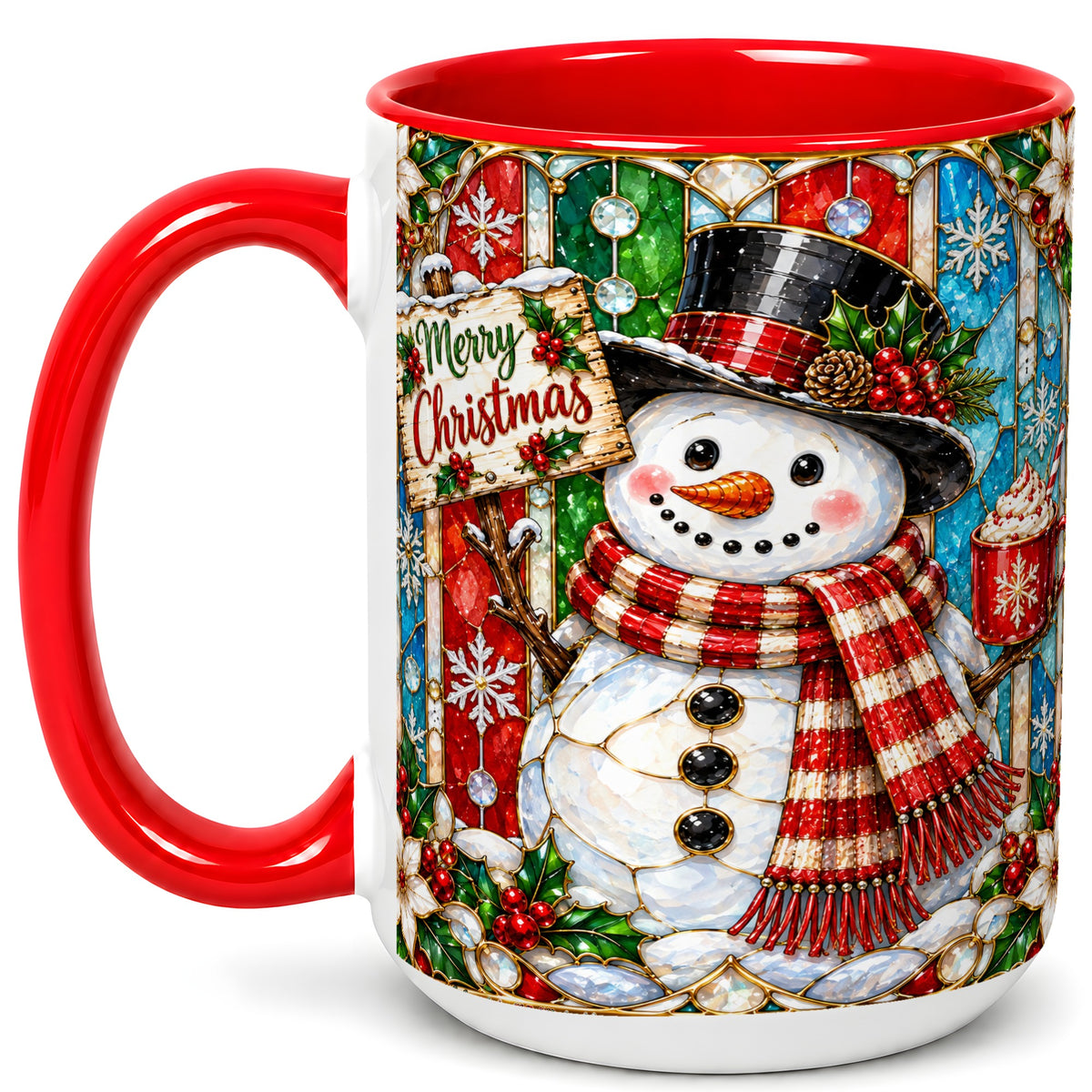 #pl[15oz|Red] Christmas Snowman Coffee Mug, Stained Glass Style Mug, Ceramic Cup