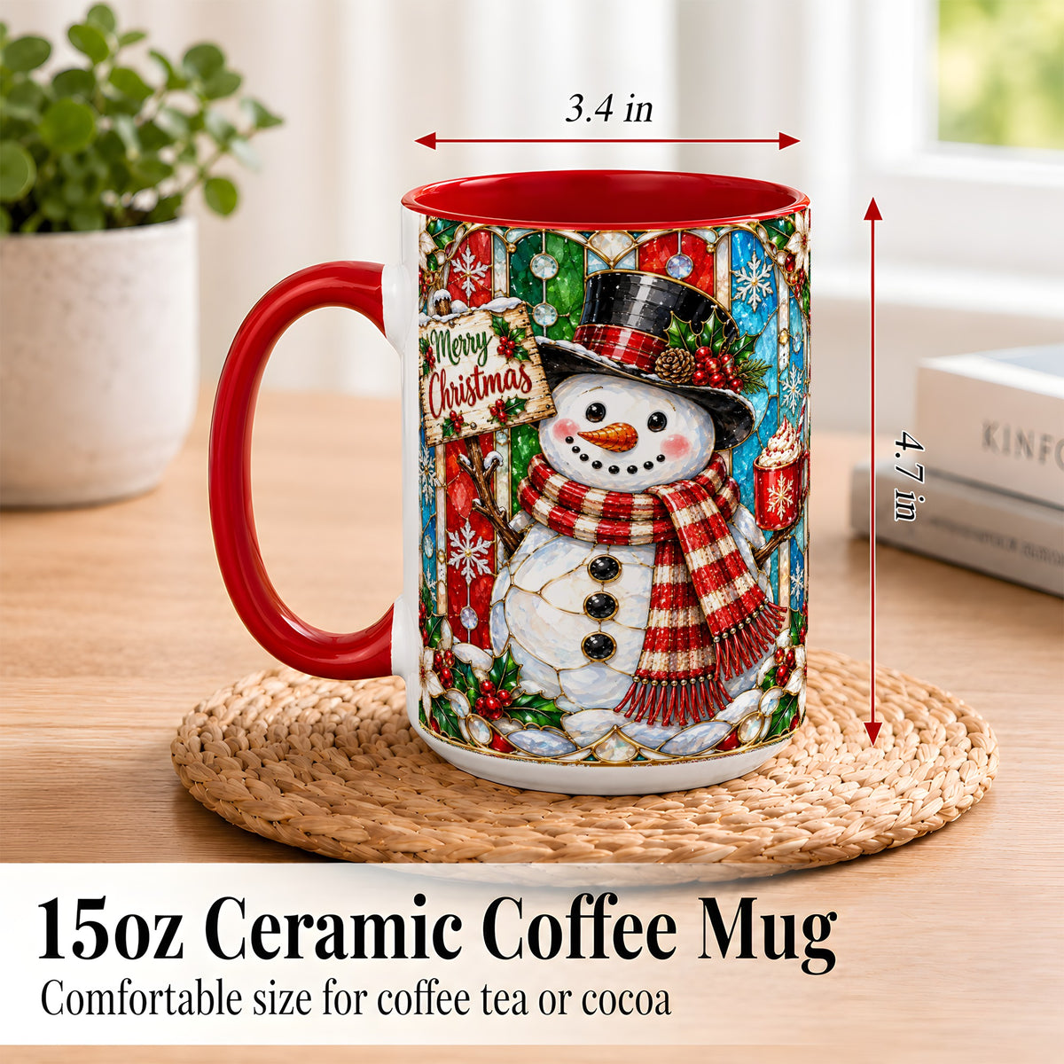 #pl[15oz|Red] Christmas Snowman Coffee Mug, Stained Glass Style Mug, Ceramic Cup