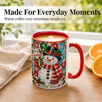#pl[15oz|Red] Christmas Snowman Coffee Mug, Stained Glass Style Mug, Ceramic Cup