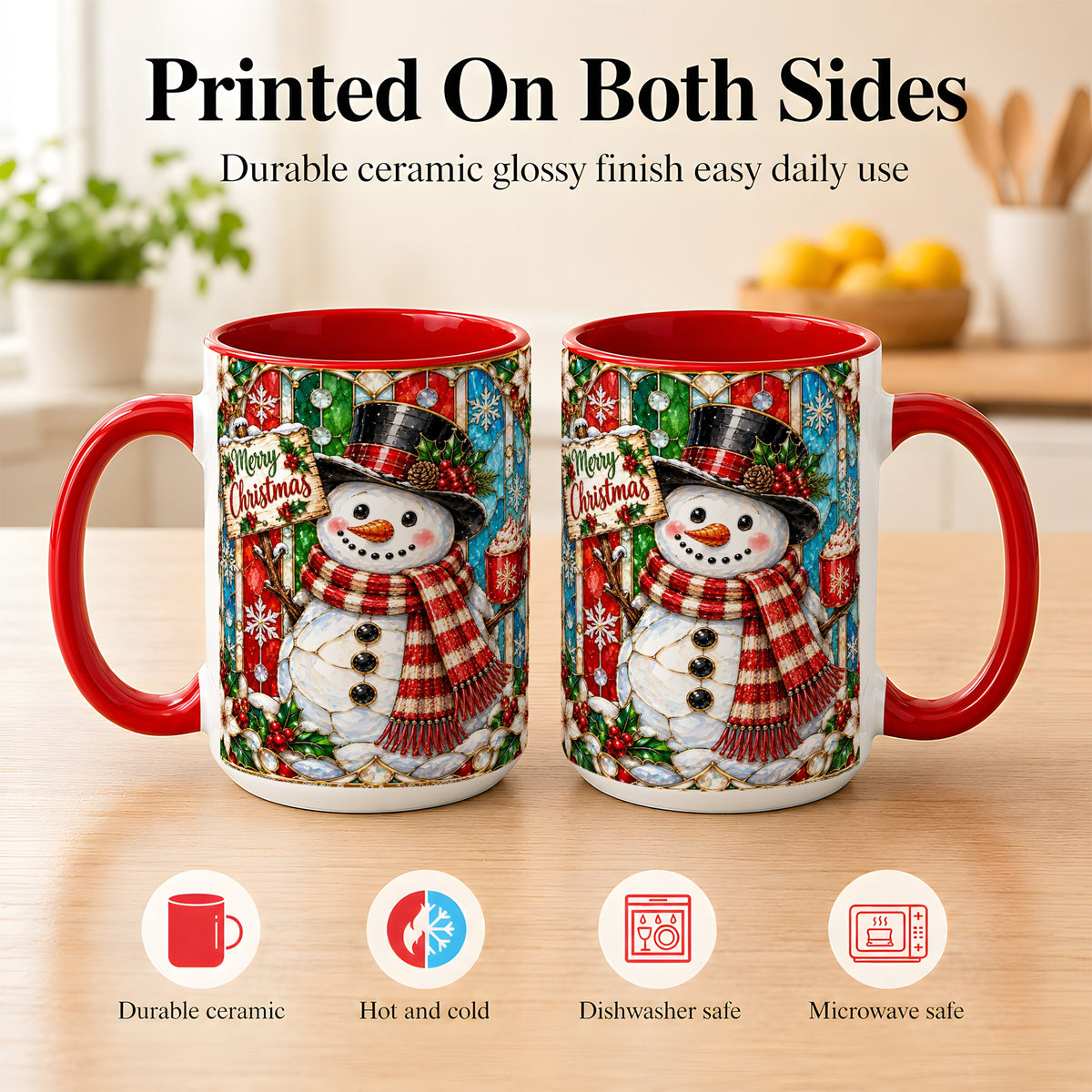 #pl[15oz|Red] Christmas Snowman Coffee Mug, Stained Glass Style Mug, Ceramic Cup