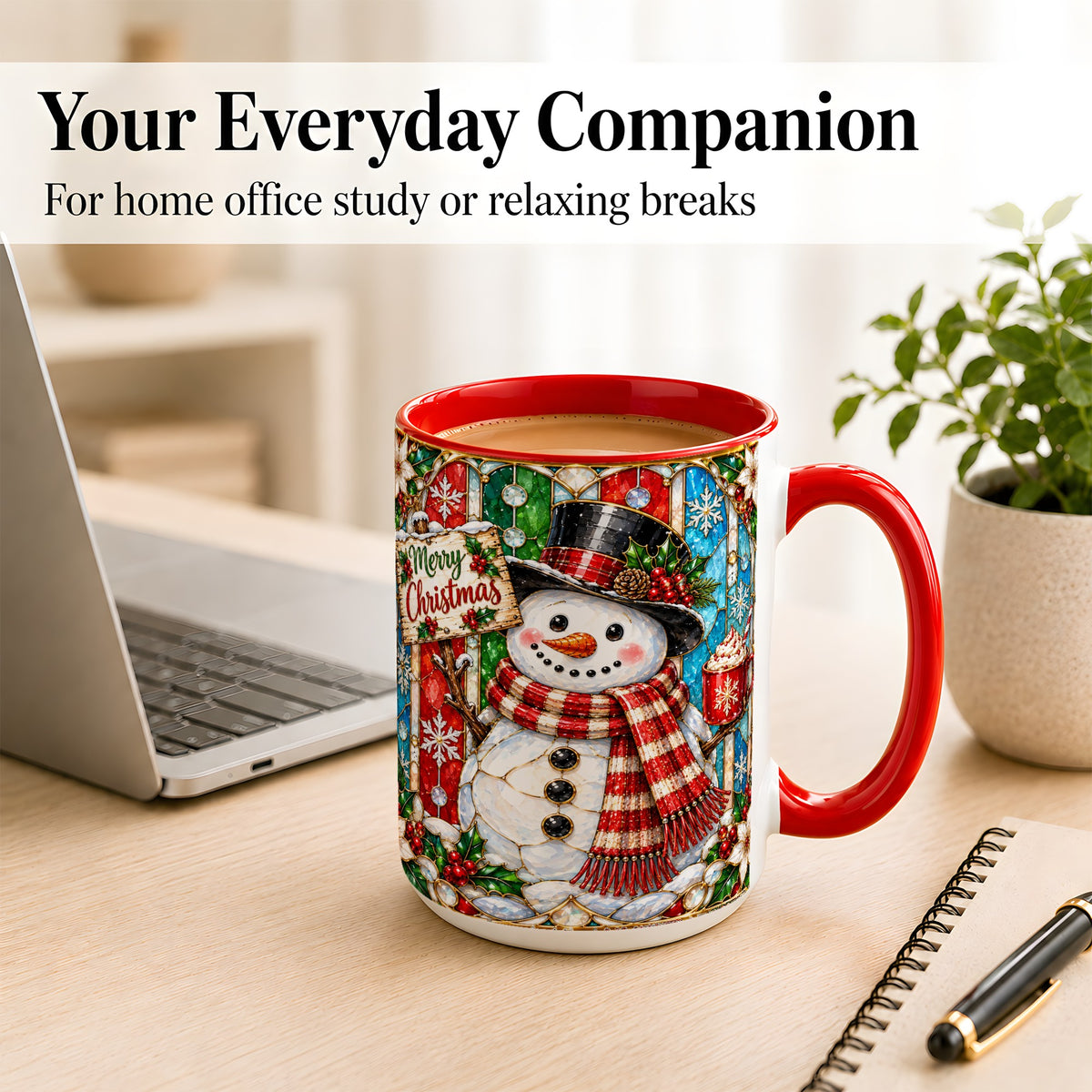 #pl[15oz|Red] Christmas Snowman Coffee Mug, Stained Glass Style Mug, Ceramic Cup