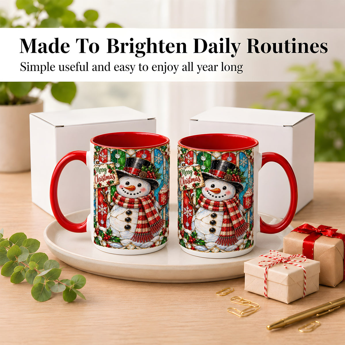 #pl[15oz|Red] Christmas Snowman Coffee Mug, Stained Glass Style Mug, Ceramic Cup