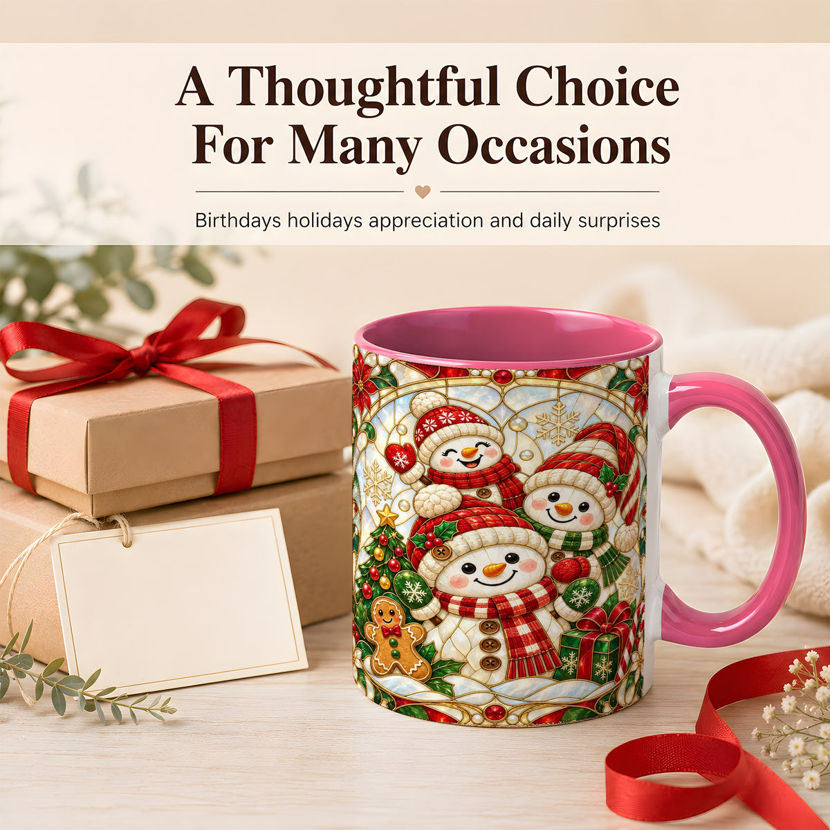 #pl[11oz|Pink] Snowman Family Coffee Mug, Christmas Snowman Mug, Ceramic Cup