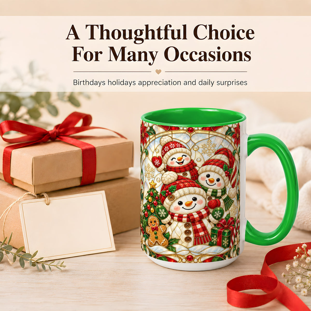 #pl[15oz|Green] Snowman Family Coffee Mug, Christmas Snowman Mug, Ceramic Cup