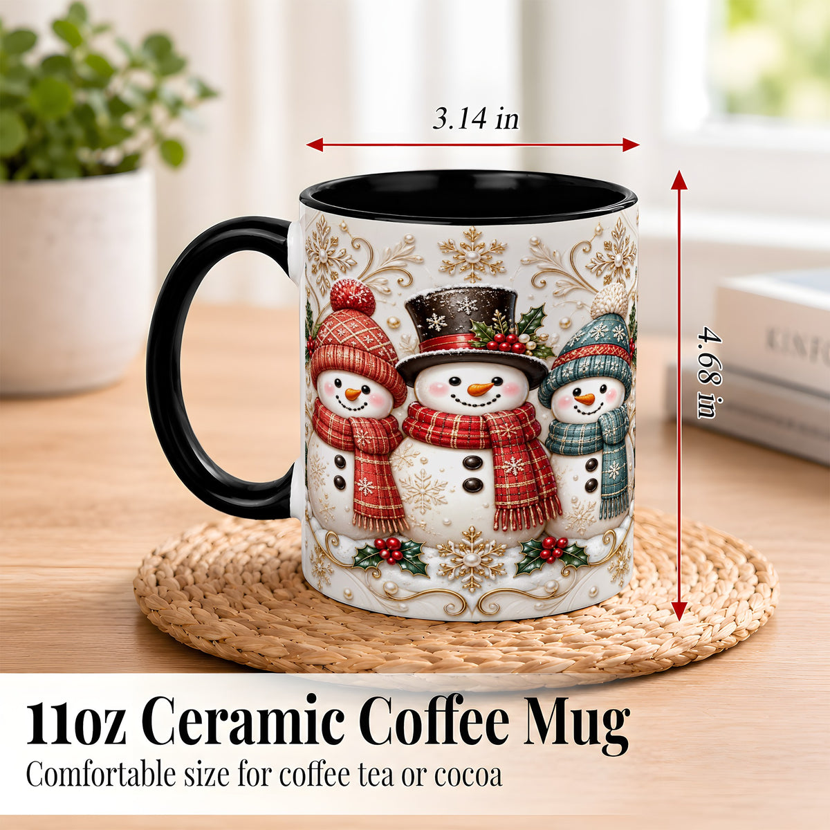 #pl[11oz|Black] Snowman Trio Coffee Mug, Plaid Christmas Mug, Ceramic Cup