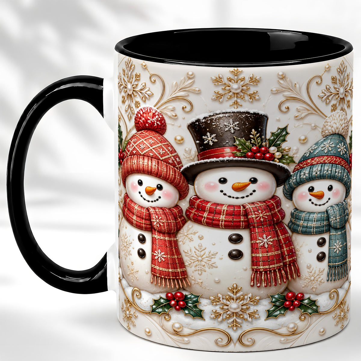 #pl[11oz|Black] Snowman Trio Coffee Mug, Plaid Christmas Mug, Ceramic Cup