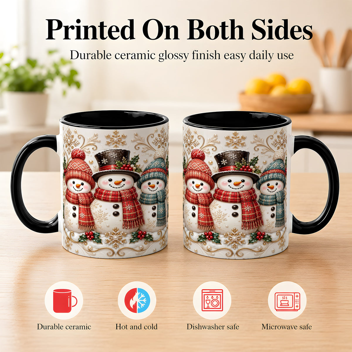 #pl[11oz|Black] Snowman Trio Coffee Mug, Plaid Christmas Mug, Ceramic Cup