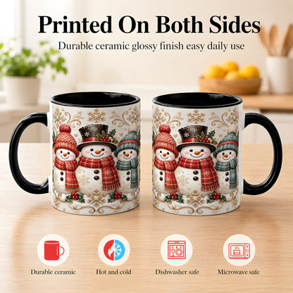 #pl[11oz|Black] Snowman Trio Coffee Mug, Plaid Christmas Mug, Ceramic Cup