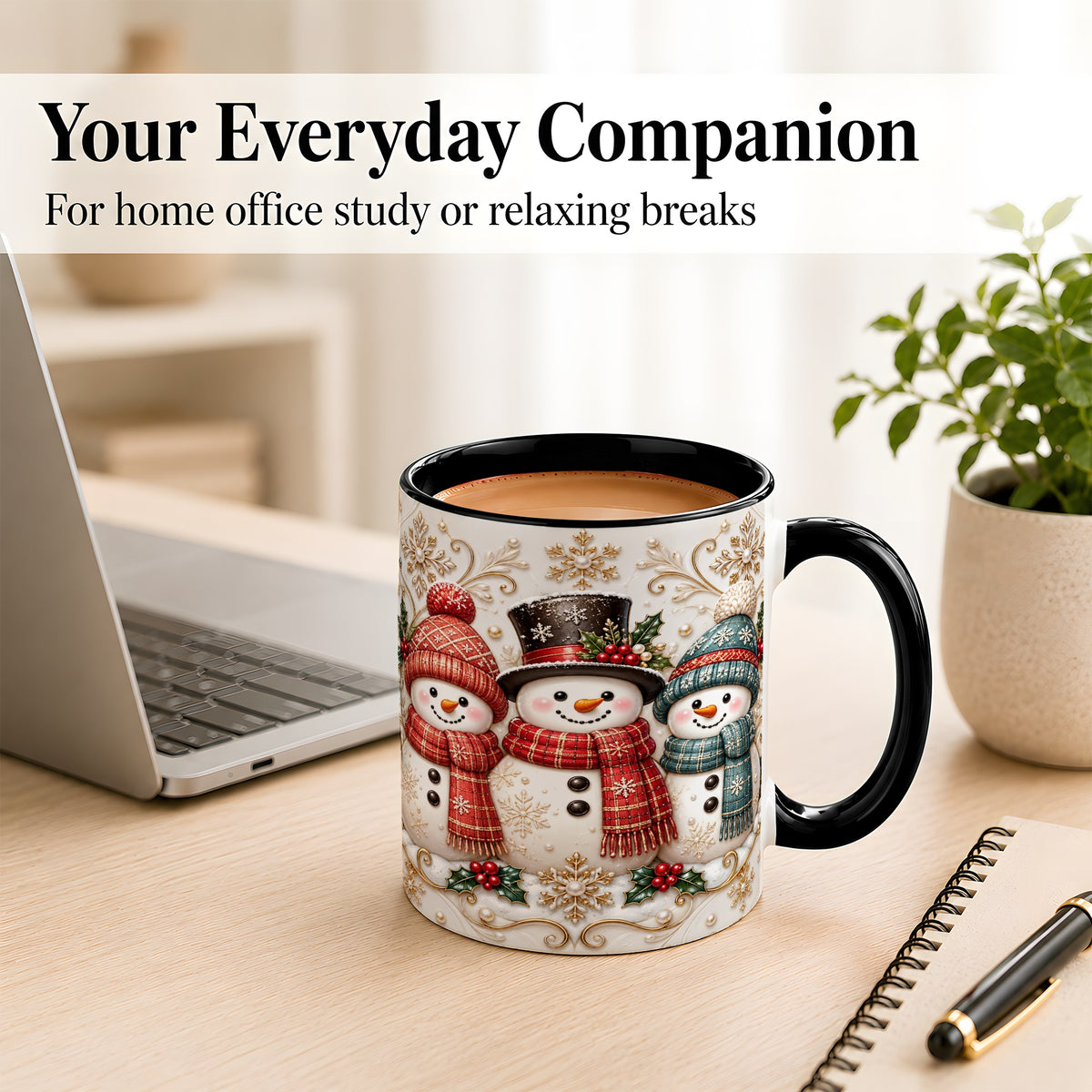 #pl[11oz|Black] Snowman Trio Coffee Mug, Plaid Christmas Mug, Ceramic Cup