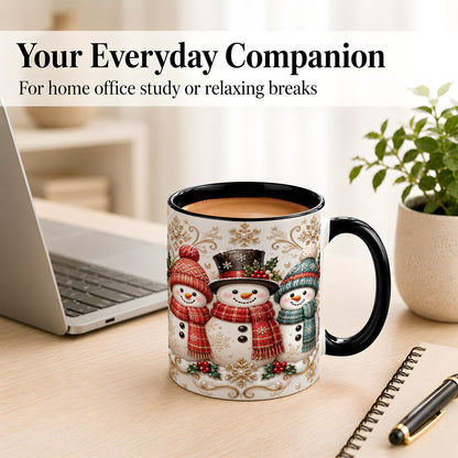 #pl[11oz|Black] Snowman Trio Coffee Mug, Plaid Christmas Mug, Ceramic Cup