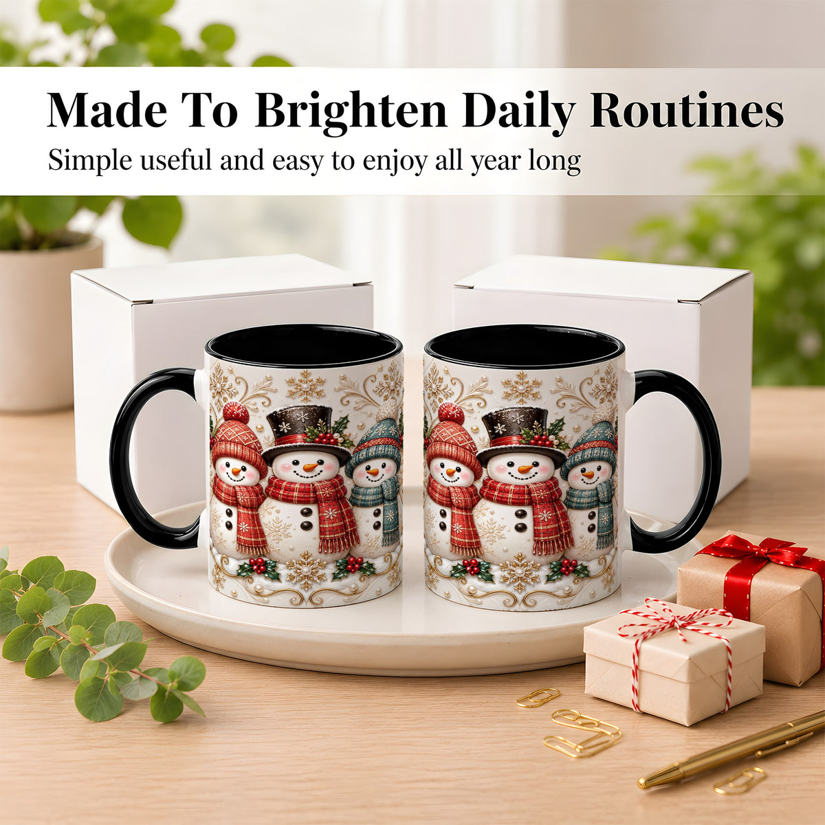 #pl[11oz|Black] Snowman Trio Coffee Mug, Plaid Christmas Mug, Ceramic Cup