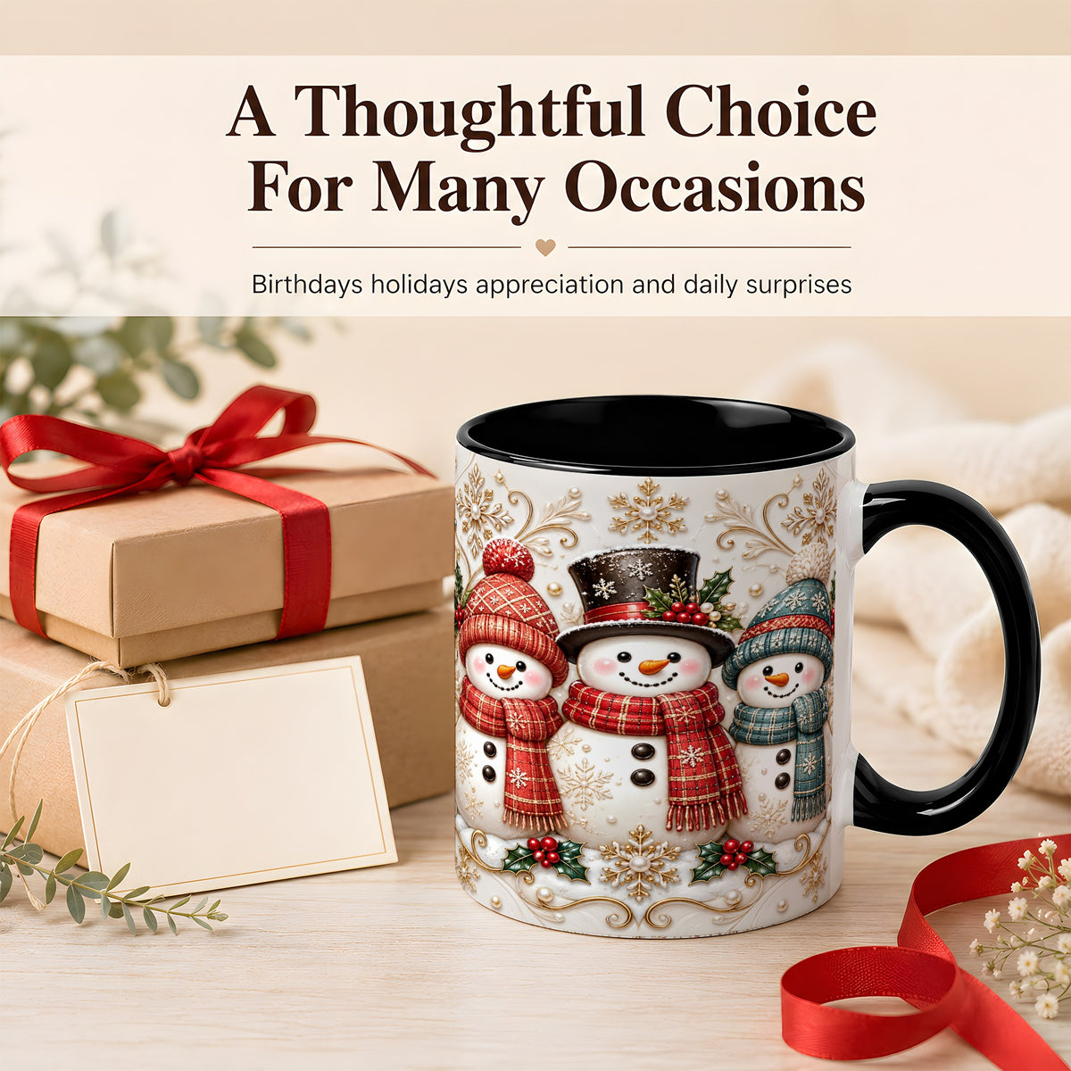 #pl[11oz|Black] Snowman Trio Coffee Mug, Plaid Christmas Mug, Ceramic Cup
