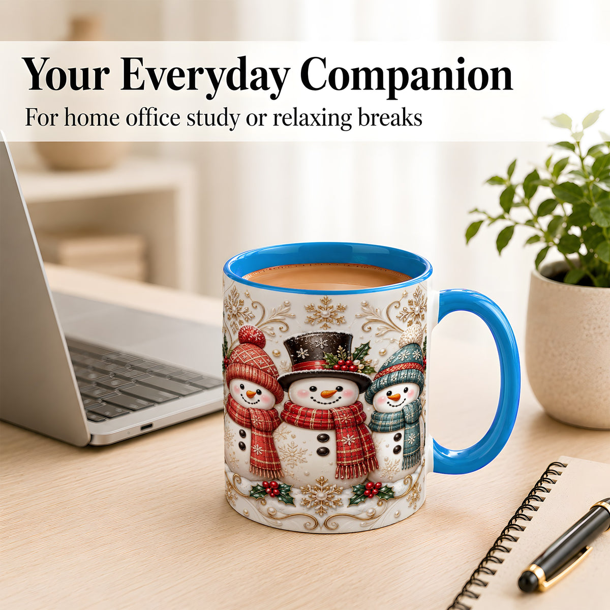 #pl[11oz|Blue] Snowman Trio Coffee Mug, Plaid Christmas Mug, Ceramic Cup