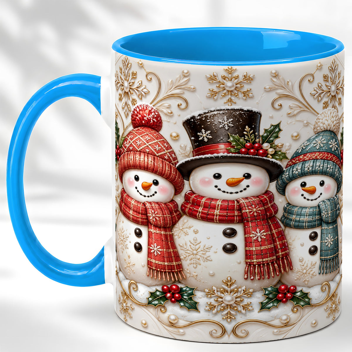 #pl[11oz|Blue] Snowman Trio Coffee Mug, Plaid Christmas Mug, Ceramic Cup