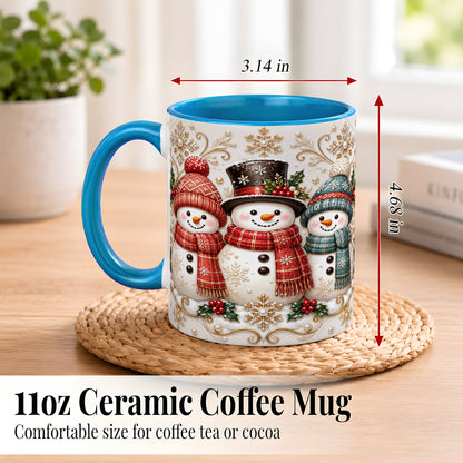 #pl[11oz|Blue] Snowman Trio Coffee Mug, Plaid Christmas Mug, Ceramic Cup