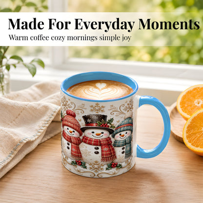 #pl[11oz|Blue] Snowman Trio Coffee Mug, Plaid Christmas Mug, Ceramic Cup